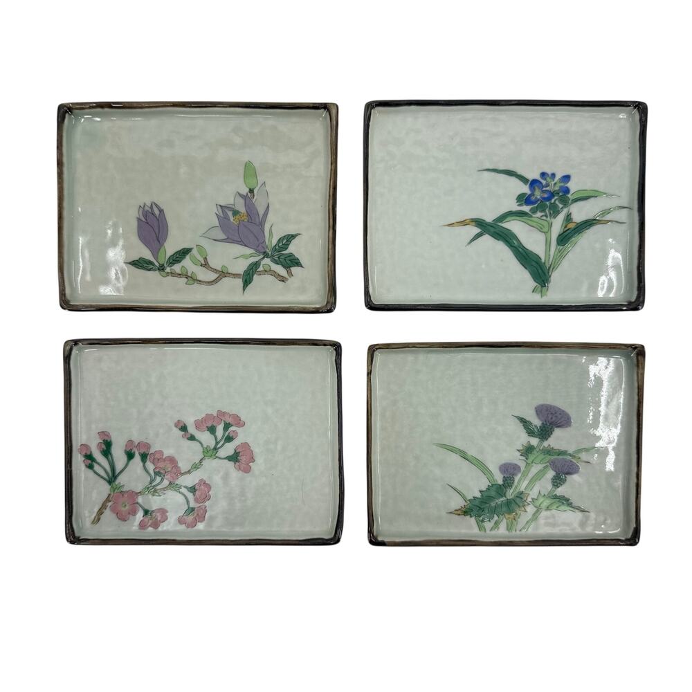 Set of 4 Vintage Japanese Floral Sushi Dishes Ceramic Rectangle Trinket Dish